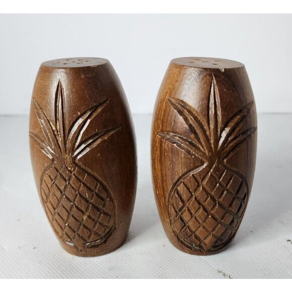 VINTAGE Rustic Wood Carved Pineapple Salt & Pepper Shaker Set Mid Century Modern - Picture 1 of 6